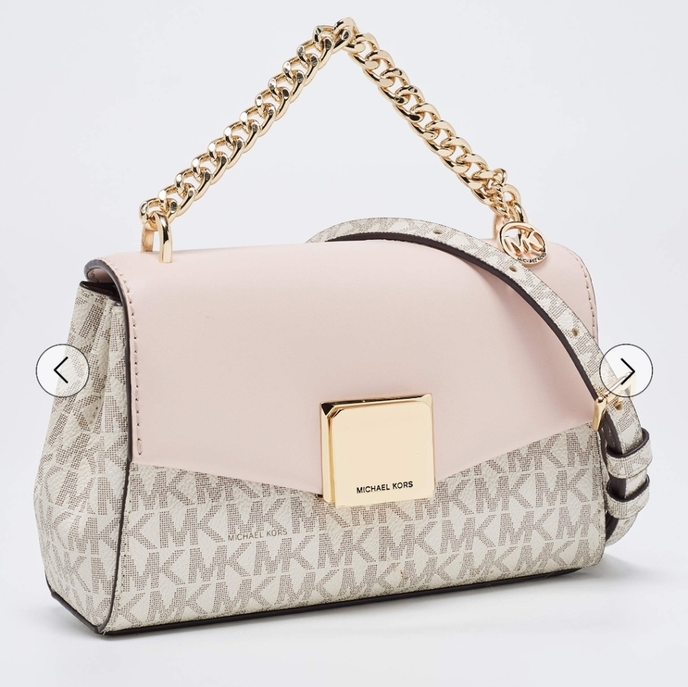 Michael Kors Lita Small Shoulder Bag MK Signature Vanilla Blush Pink Gold Chain - Picture 3 of 5